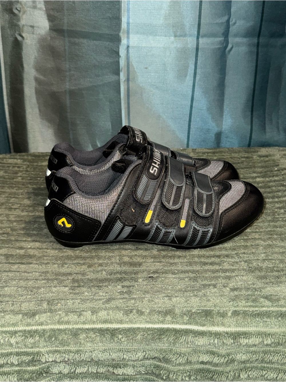 Shimano Men's Black and Gray Cycling Shoes with Yellow Accents